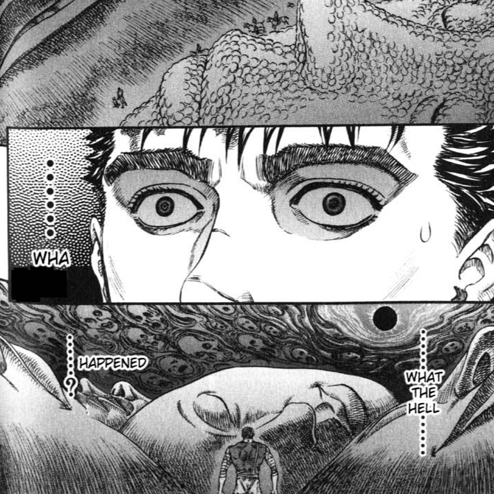 Aesthetic anime & manga PFP for discord, Berserk, The Promised Time - 74, Page 8, Chapter 74. 1:1 square ratio. Aesthetic pfps dark, color & black and white.