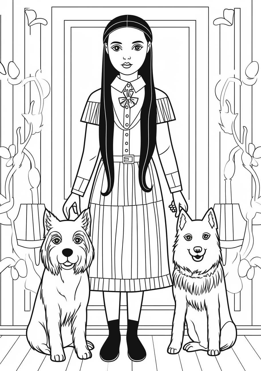 Depicts Wednesday Addams along with the things she loves; intricate detailing on objects. printable coloring page, black and white, free download