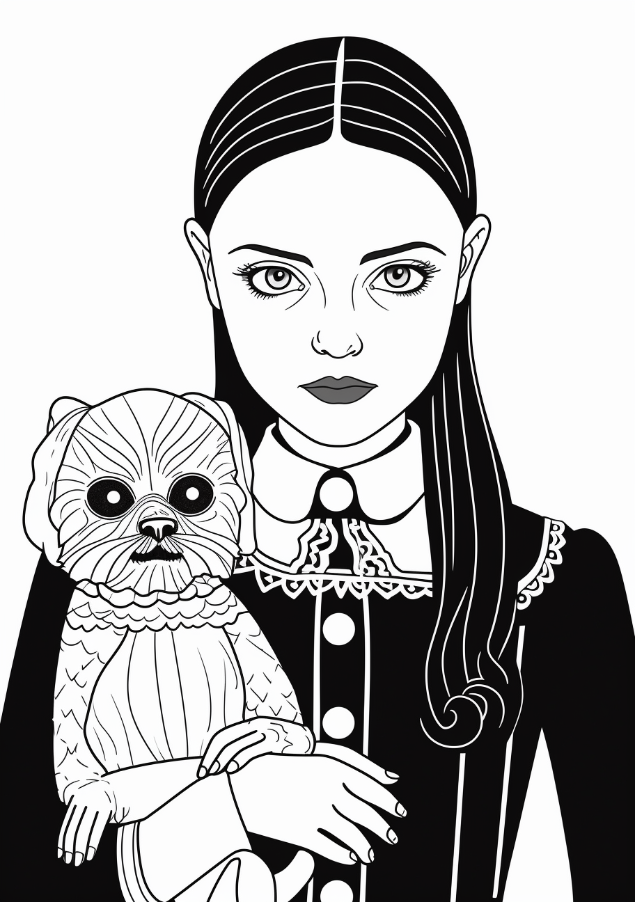 Wednesday Addams standing beside her beloved pet; rich textured outlines. printable coloring page, black and white, free download