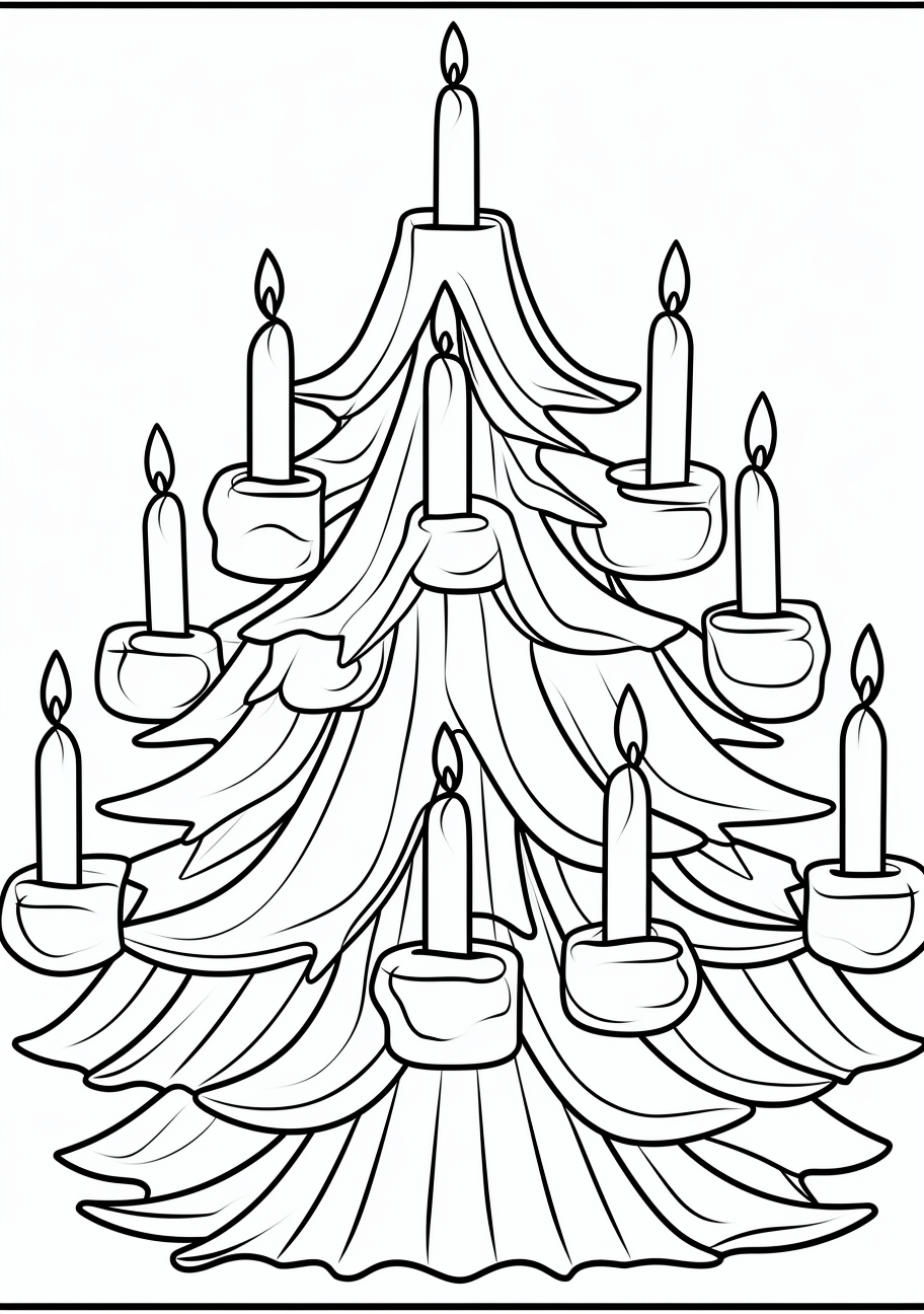 Radiant Christmas tree lit by candles; bold contours with moderate details. printable coloring page, black and white, free download