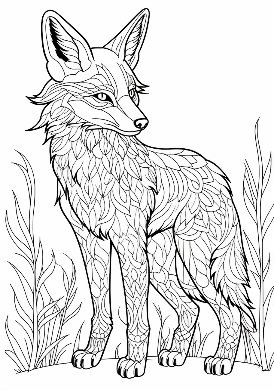 Expressionistic fox design; complex patterns within the silhouette of a fox.printable coloring page, black and white, free download