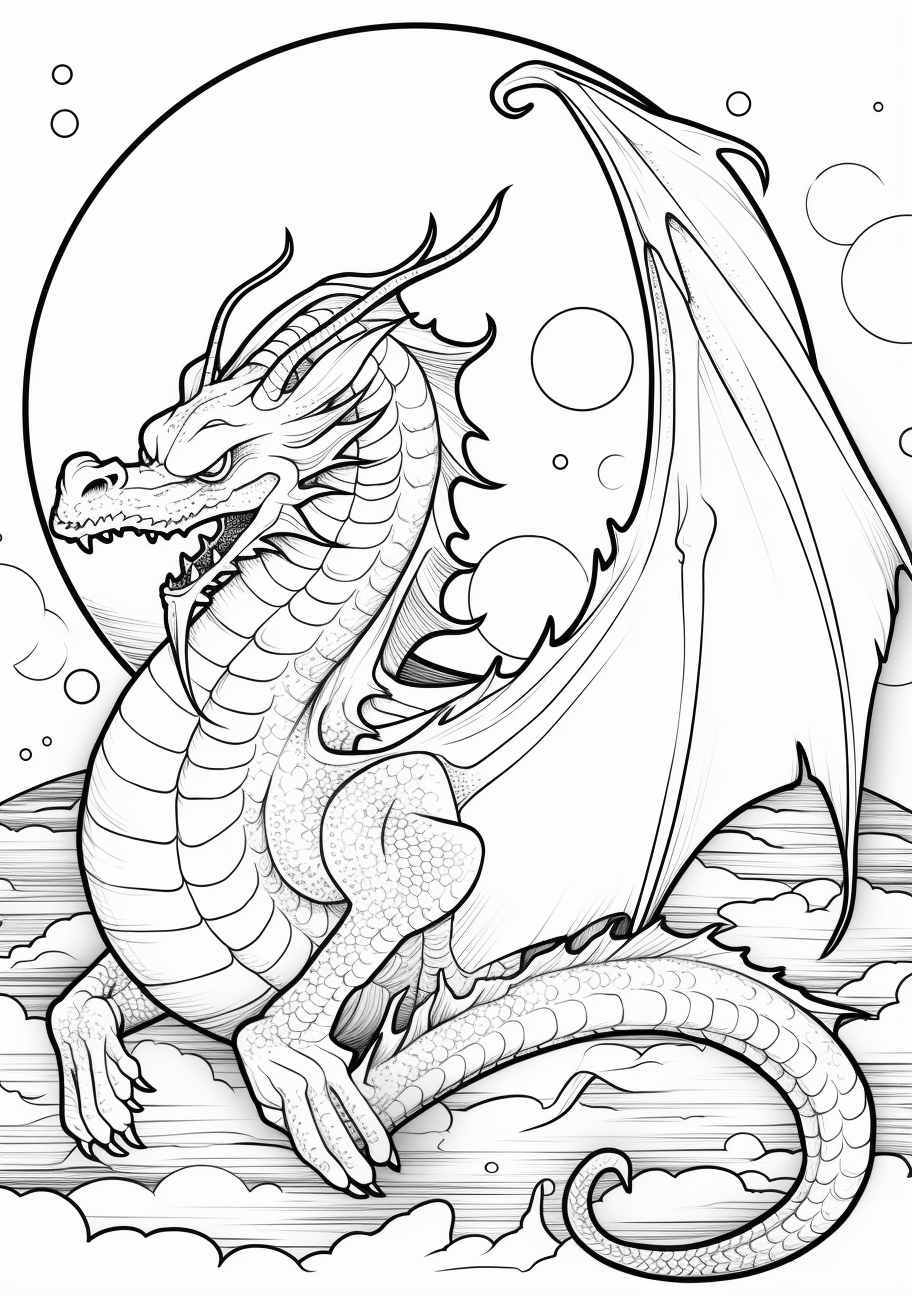 A dragon under a shining moon; pronounced scales and celestial imagery.printable coloring page, black and white, free download