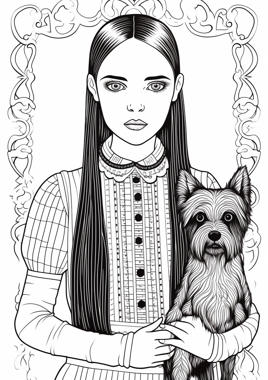 Wednesday Addams with her pet; detailed sketch and features bold figures. printable coloring page, black and white, free download