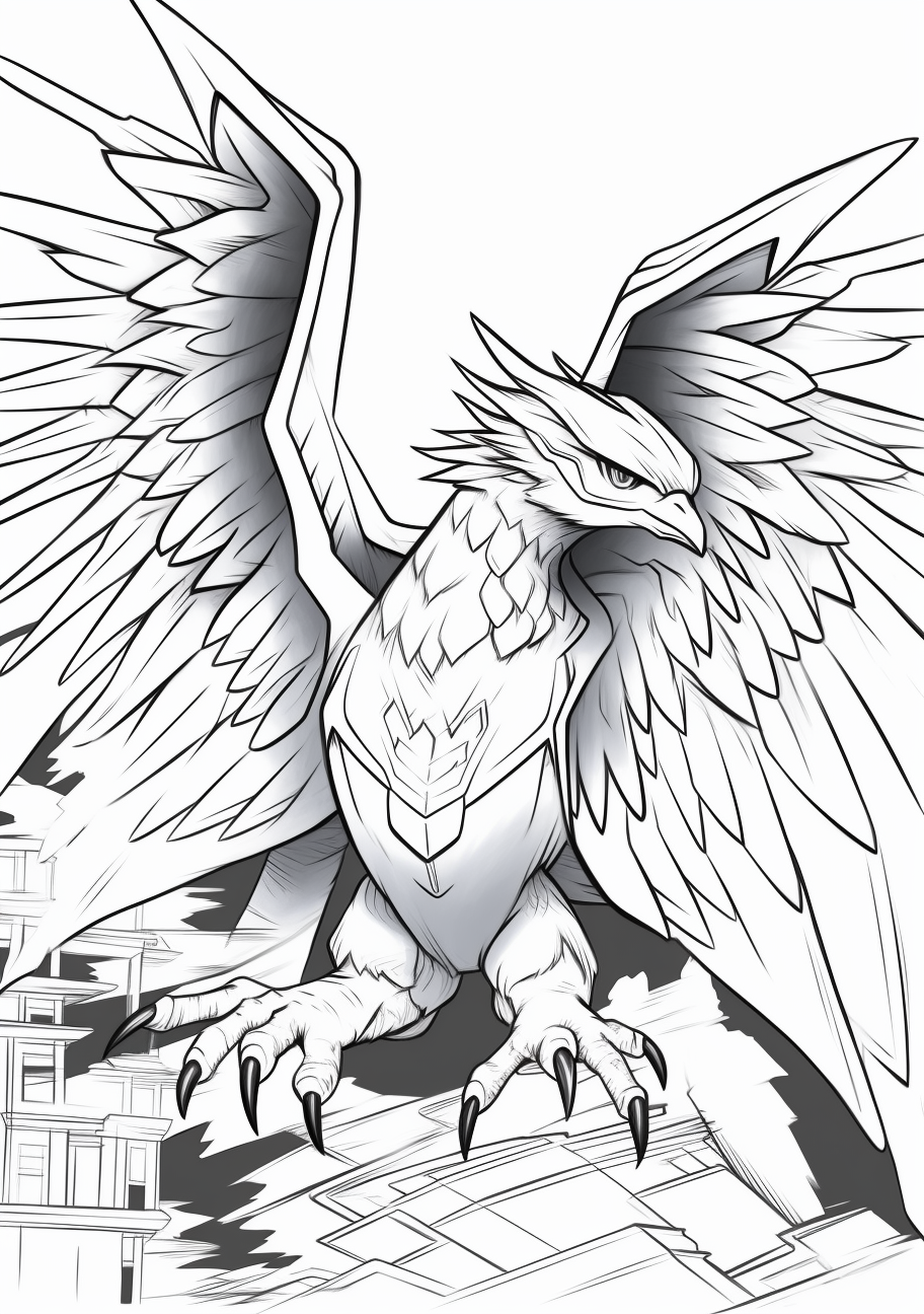 Articuno Pokemon flying; Focused on light outlines and intricate patterns. printable coloring page, black and white, free download