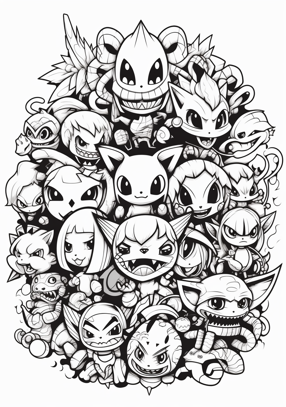 Assorted Pokemon characters together; expressive lines and diverse figures. printable coloring page, black and white, free download
