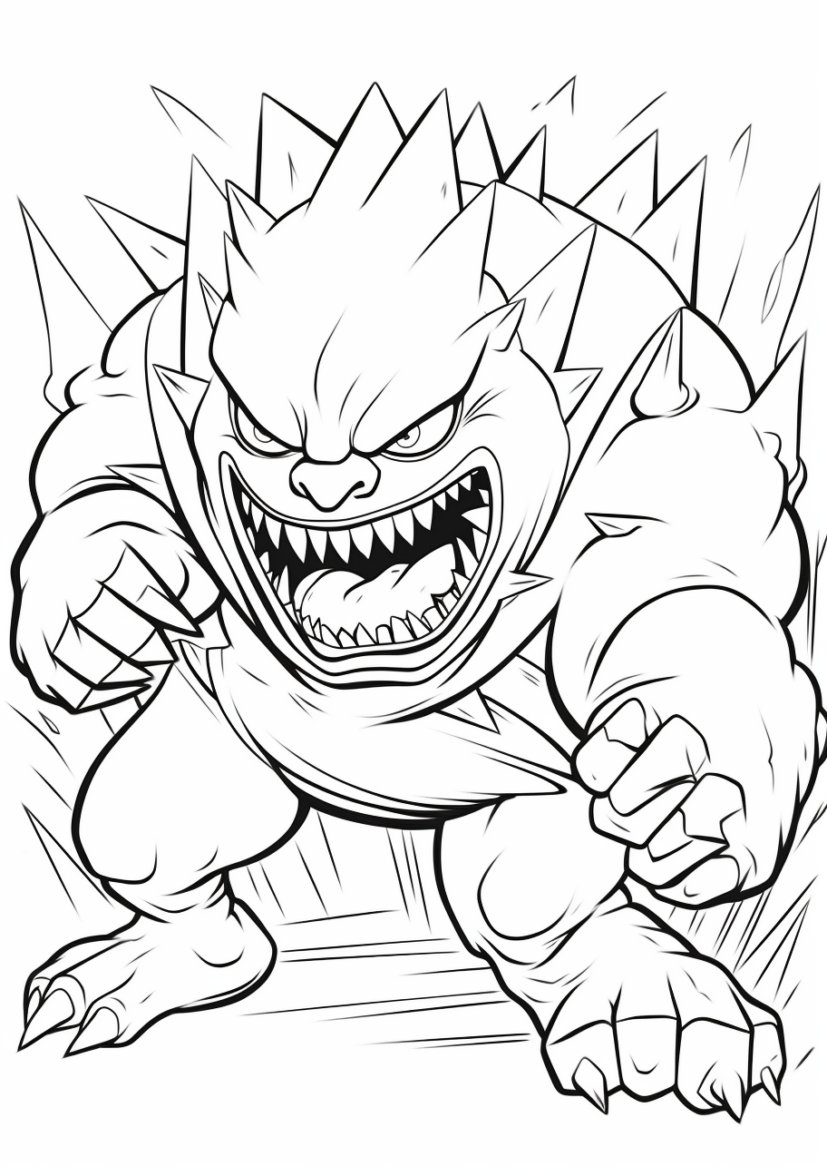 Battle scene featuring Mega Gengar, bold contours with minimal shading. printable coloring page, black and white, free download