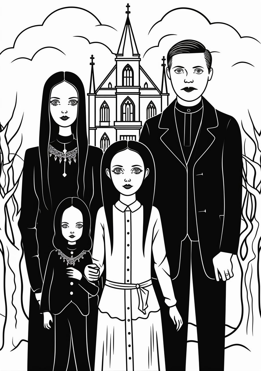 Detailed rendering of the Addams family, showcasing Wednesday Addams in her signature braids and dress. printable coloring page, black and white, free download