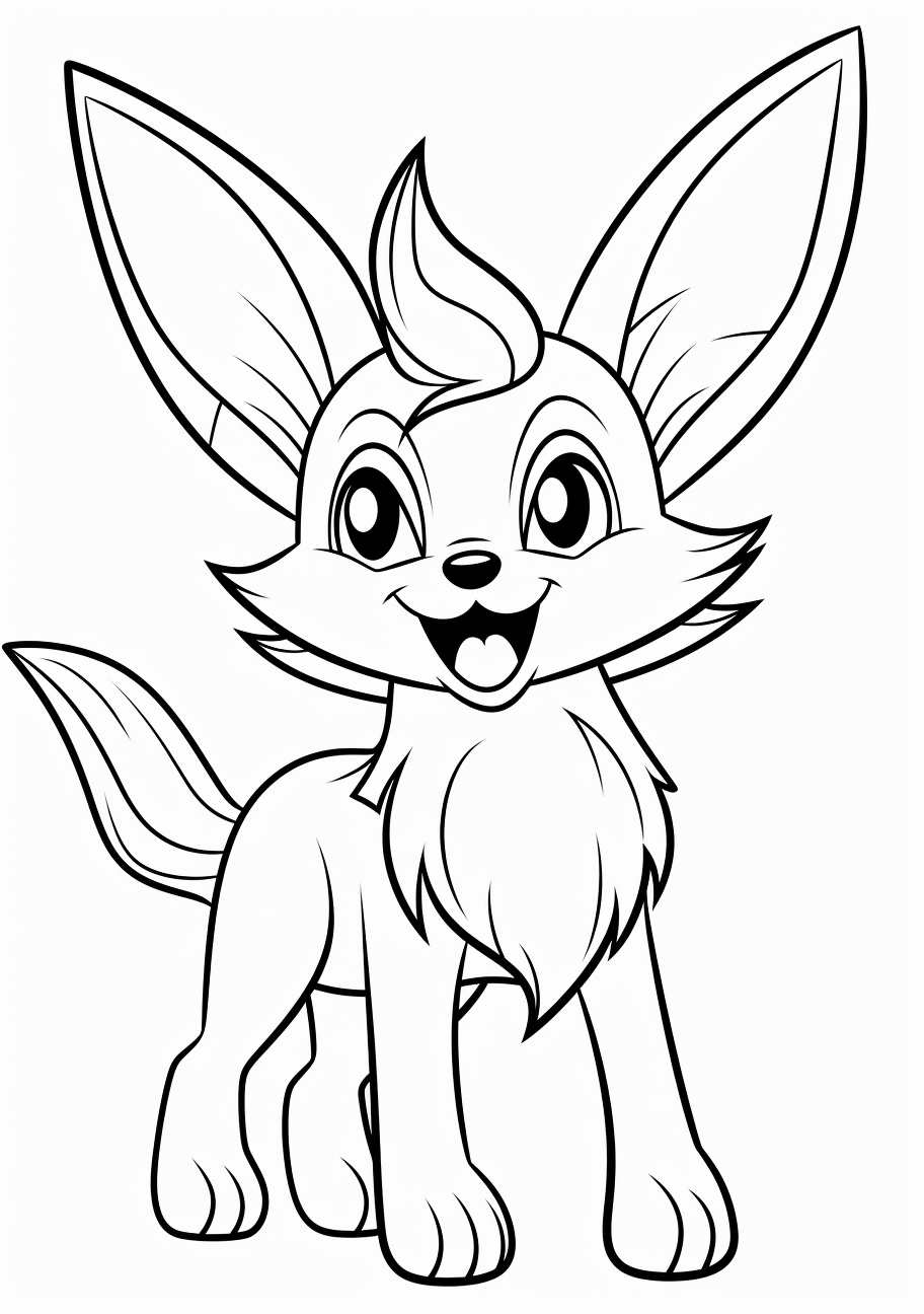 Cheerful Eevee playing with a ball; bold outlines and moderate details. printable coloring page, black and white, free download