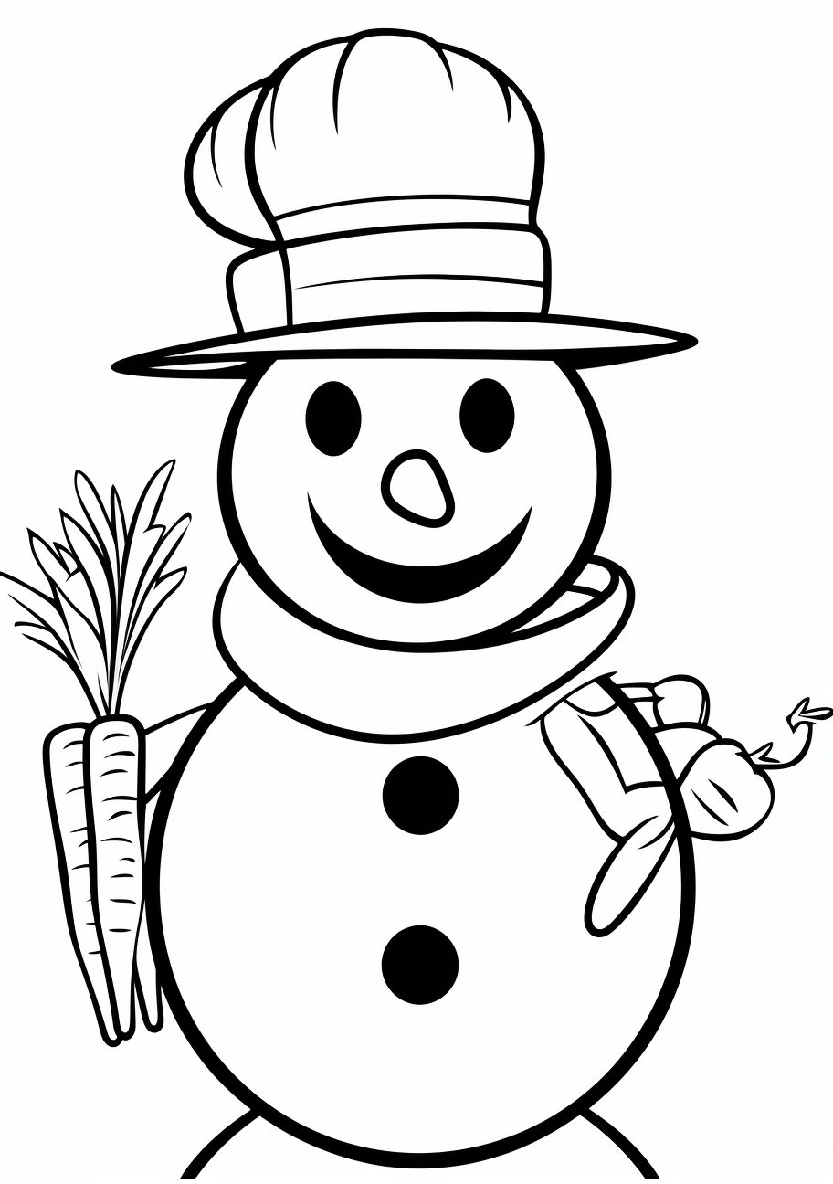 Snowman with carrot nose and hat; simple lines and geometric shapes.printable coloring page, black and white, free download