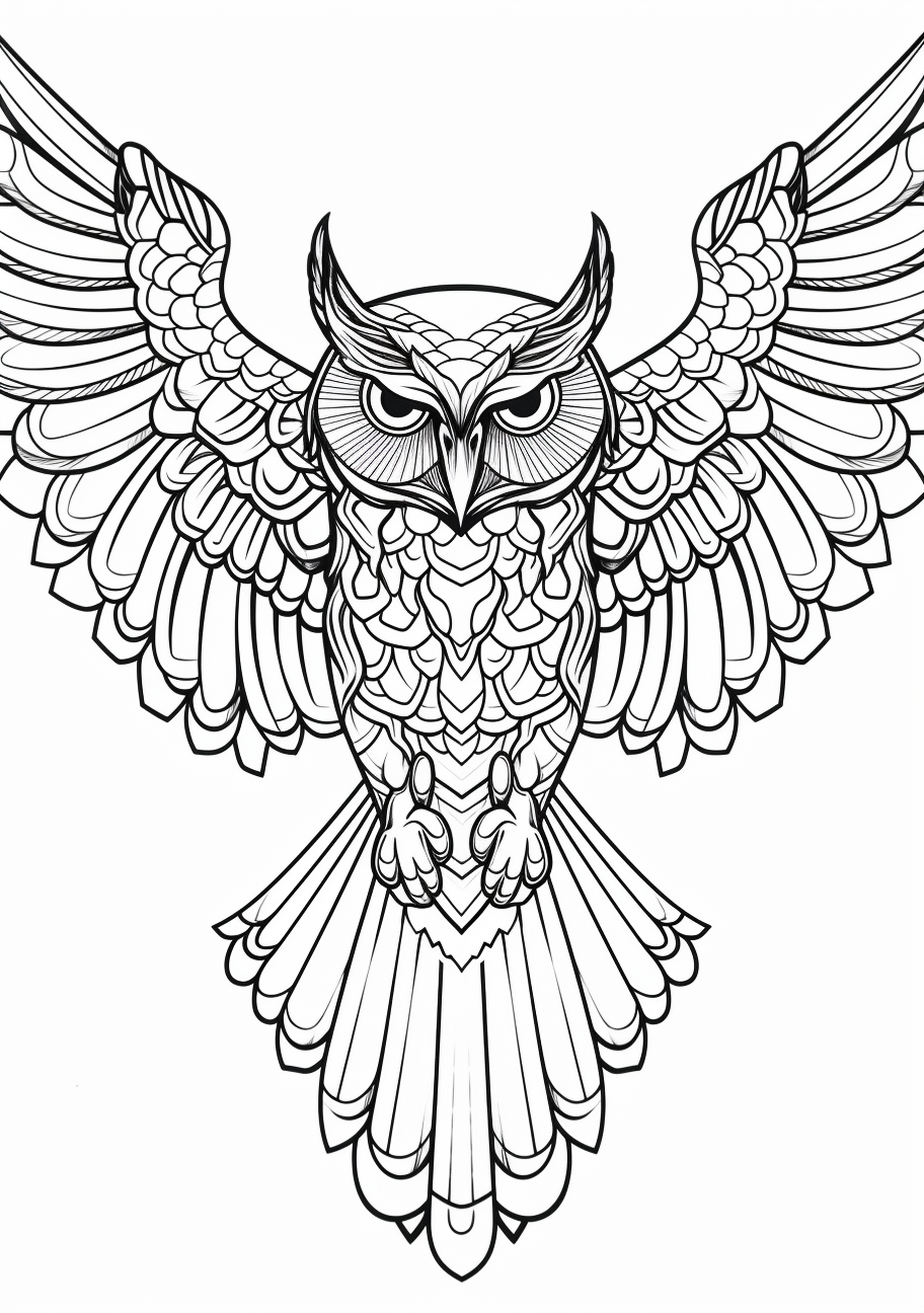 An owl with wide-open eyes and talons ready to hunt, against a backdrop of faint moon and stars.printable coloring page, black and white, free download