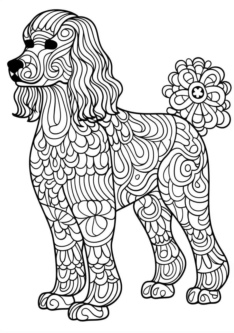 Expressive doodle art of a Poodle with abstract lines and patterns printable coloring page, black and white, free download