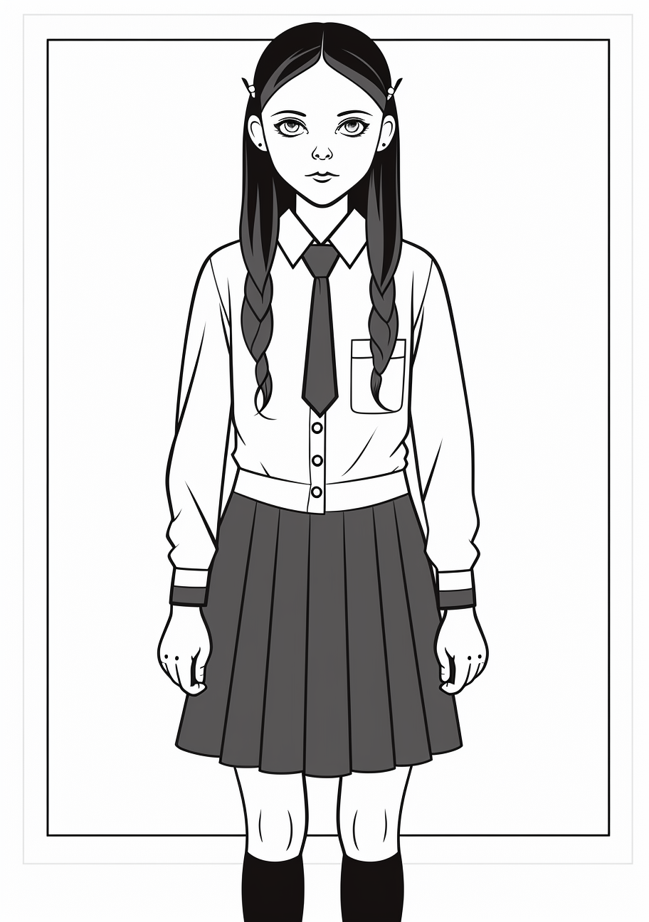 Full body image of Wednesday Addams; simple lines and bold shapes. printable coloring page, black and white, free download
