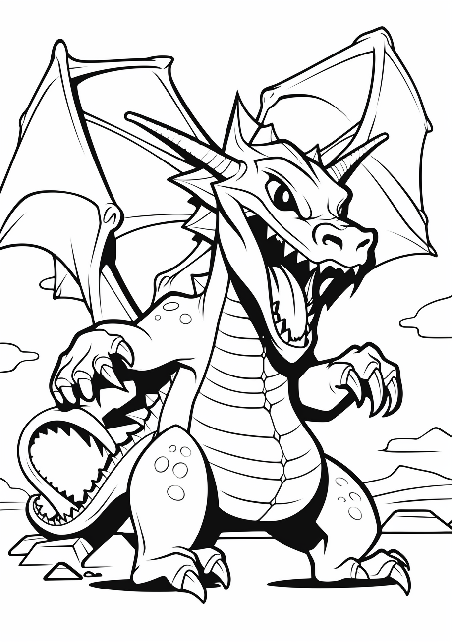 Depiction of Charizard's attacks; bold outlined forms and dramatic poses. printable coloring page, black and white, free download