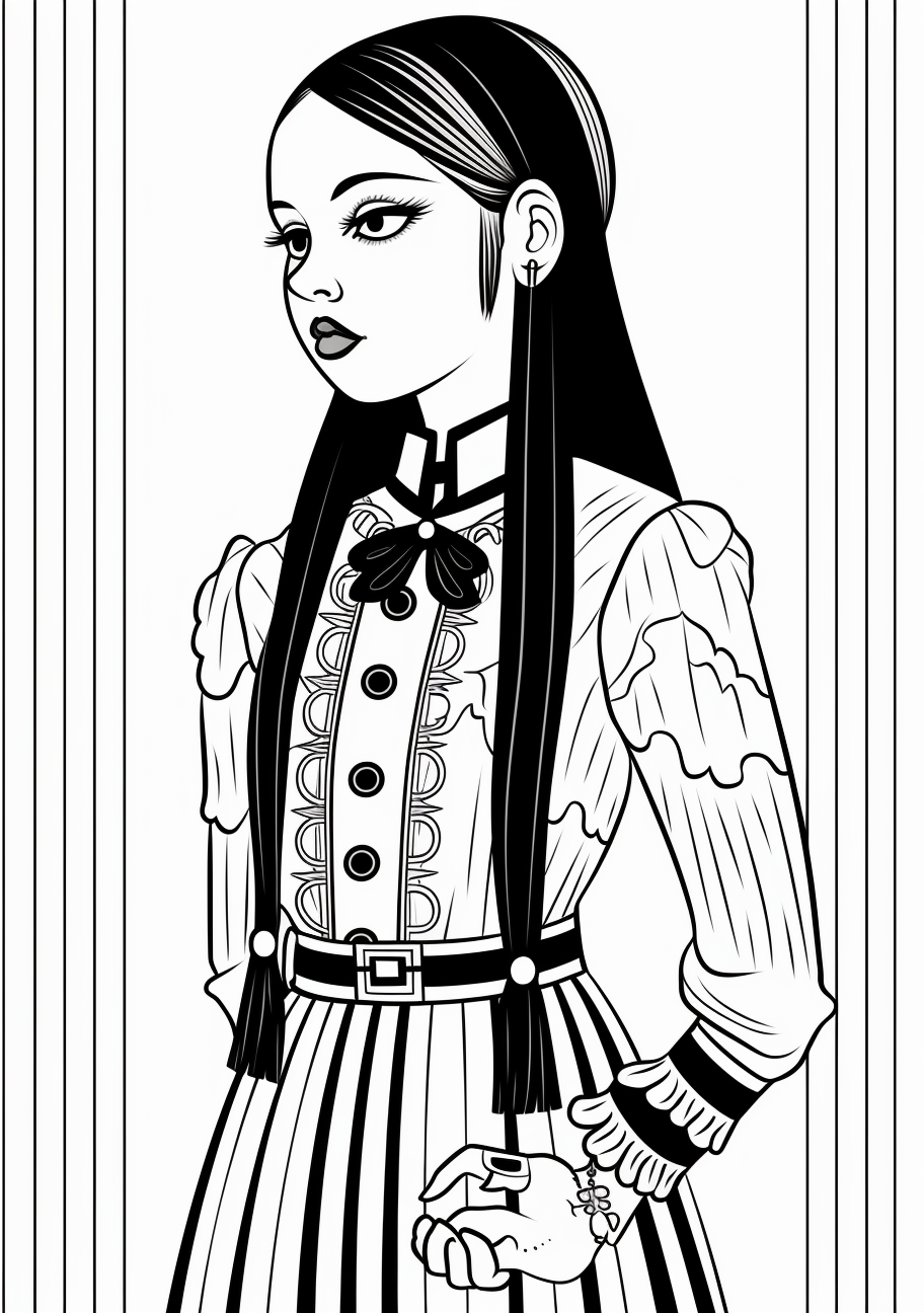 Wednesday Addams seen from the side, surrounded by intricate charm. printable coloring page, black and white, free download