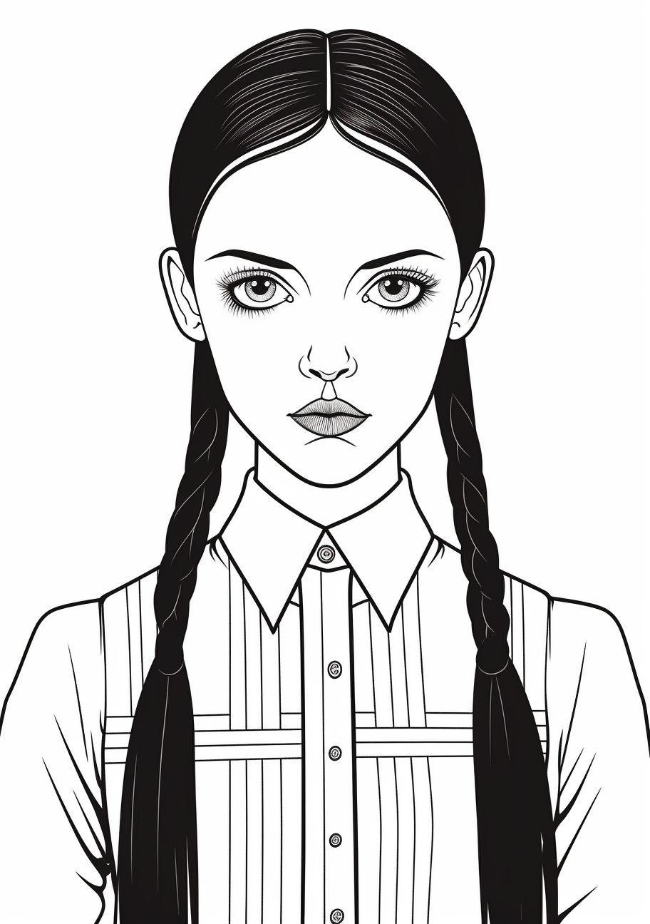 Close-up image of Wednesday Addams face; fine detailing. printable coloring page, black and white, free download