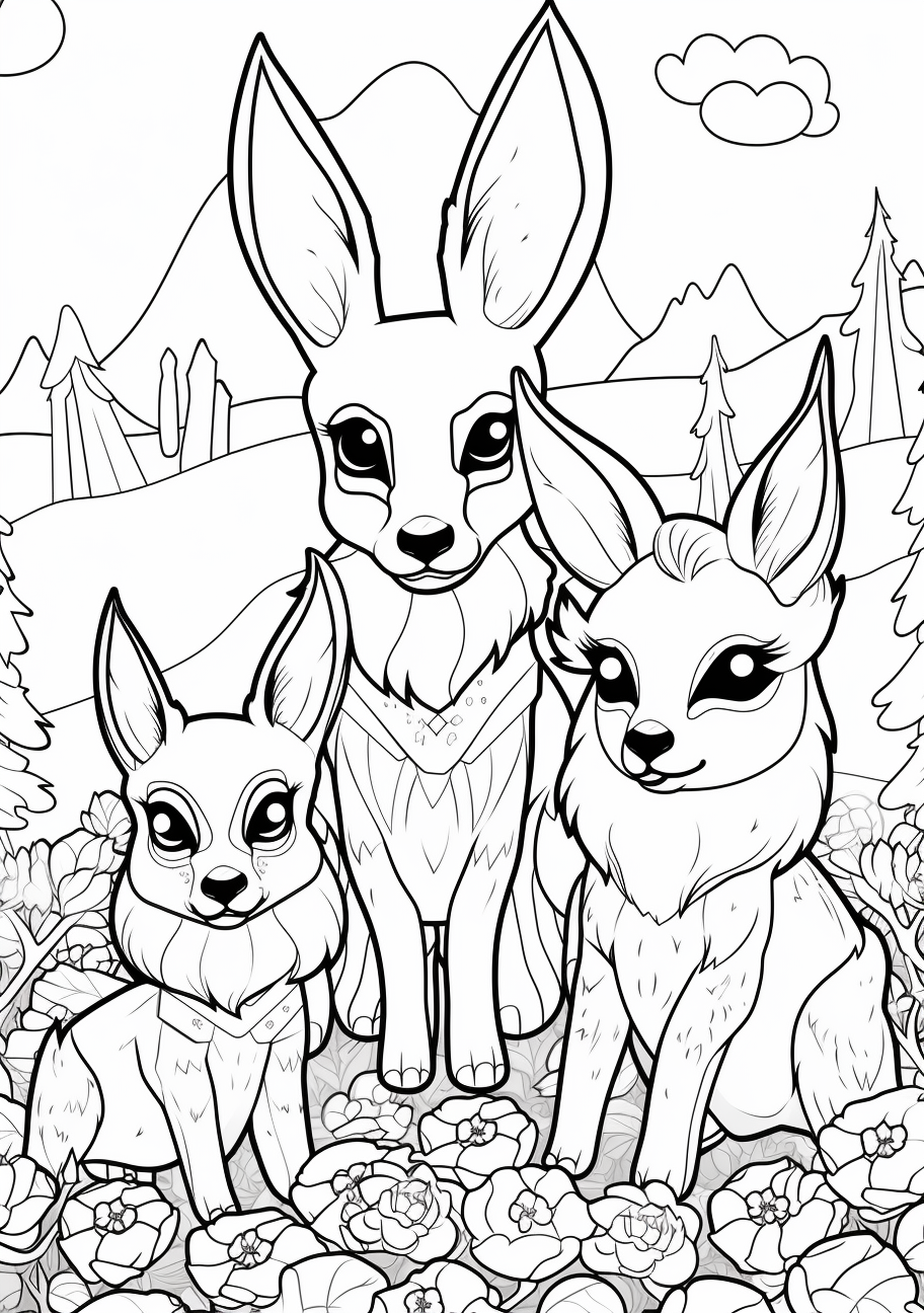 Features Eevee and its evolved forms in a formal family style portrait; simple shapes and lines. printable coloring page, black and white, free download