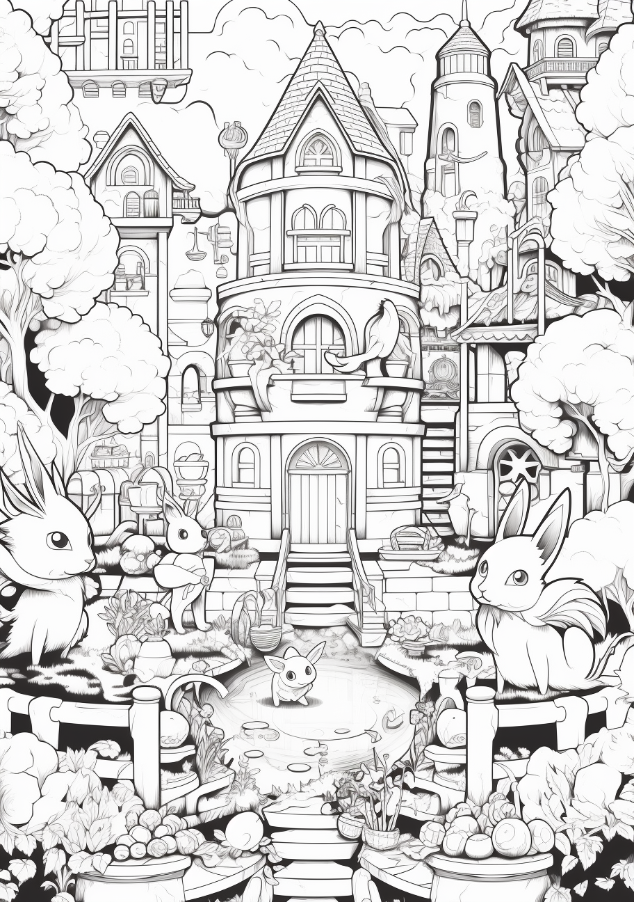 Detailed environment featuring various Eevee evolutions; natural elements and Pokemon. printable coloring page, black and white, free download