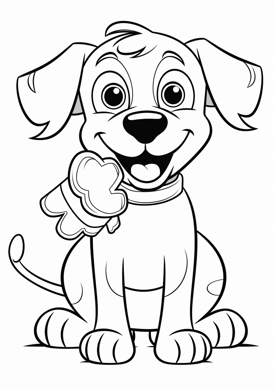 A cheery cartoon dog holding a chew toy in its mouth; characterized by bold, thick outlines and simplified forms. printable coloring page, black and white, free download