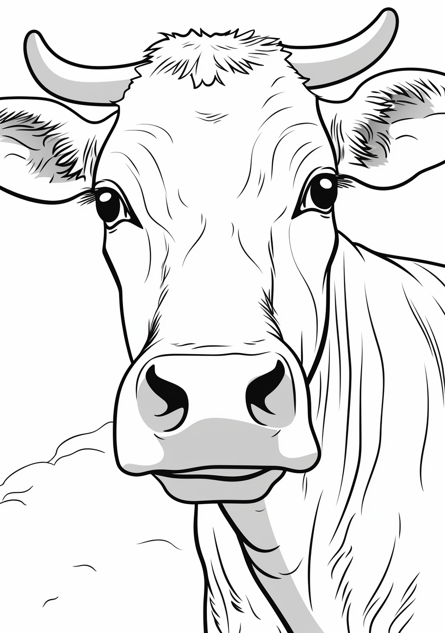A zoomed in image of a smiling cow's face with an emphasis on the eyes and mouth.printable coloring page, black and white, free download