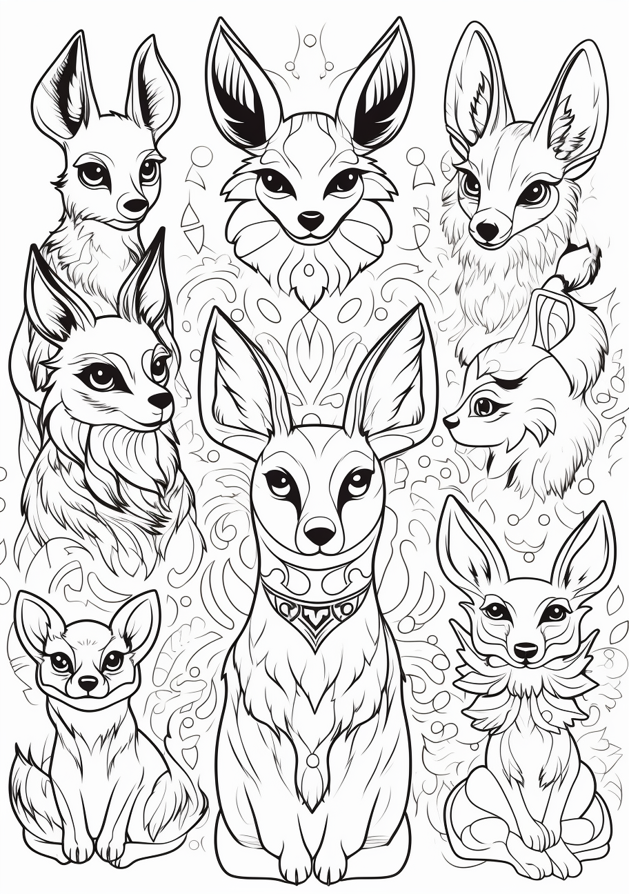 Sophisticated renderings of Eevee evolutions; collection of unique designs with complex patterns. printable coloring page, black and white, free download