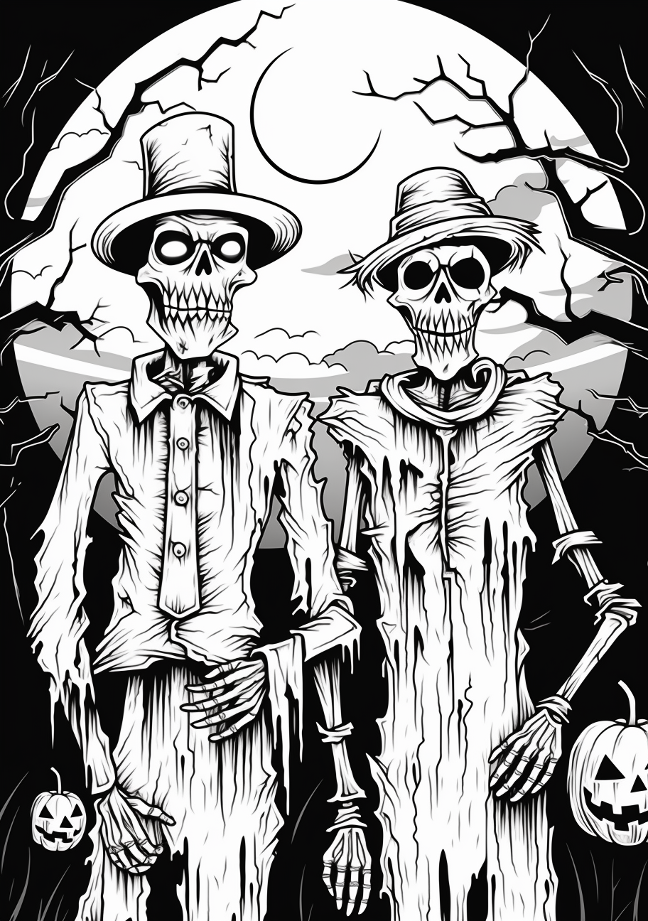 Chilling Night of the Dead scene featuring grim reaper, tombstones, and dark forest; detailed shading.printable coloring page, black and white, free download
