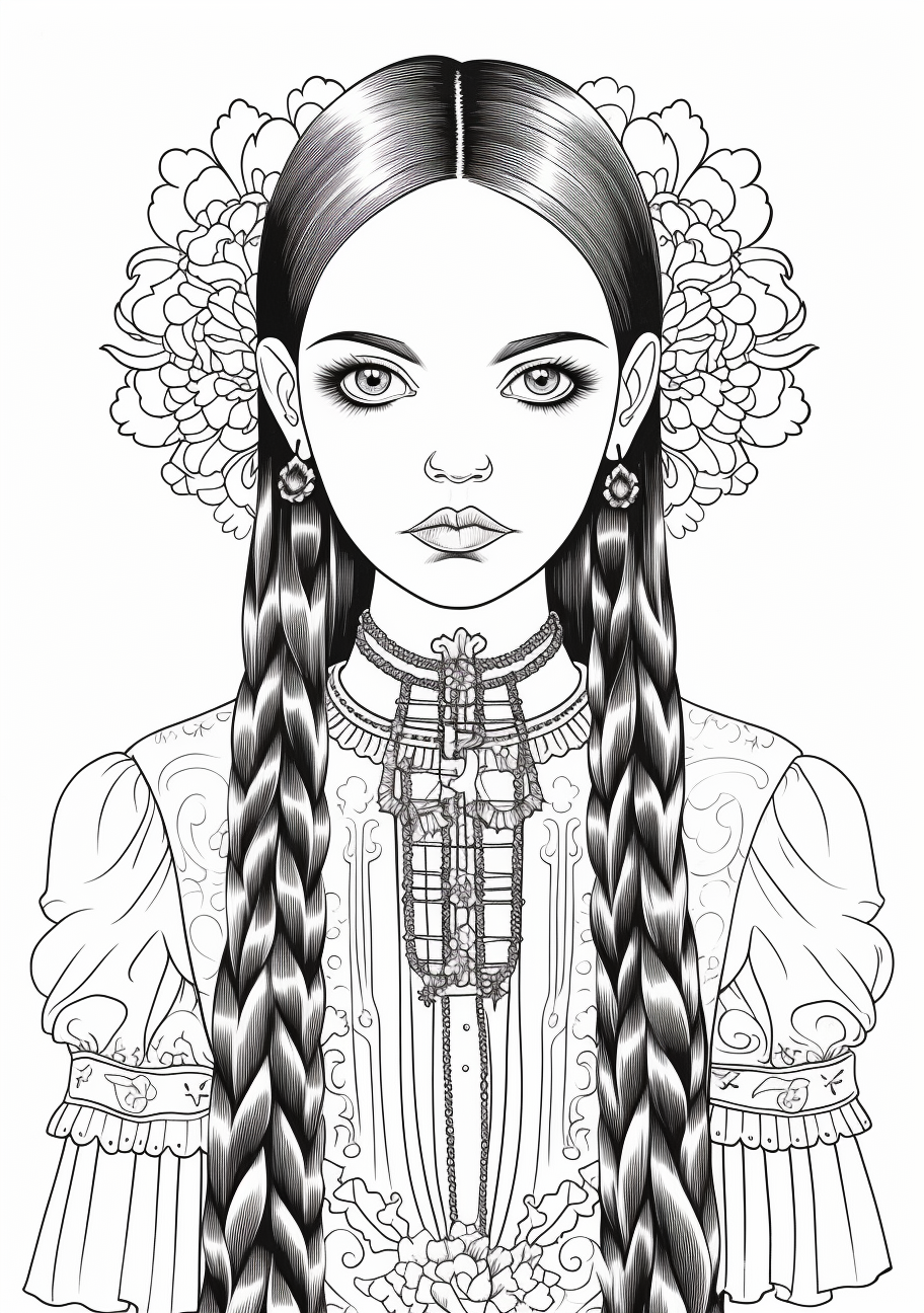 Ornate depiction of Wednesday Addams incorporating Victorian design elements; detailed patterns and textures. printable coloring page, black and white, free download