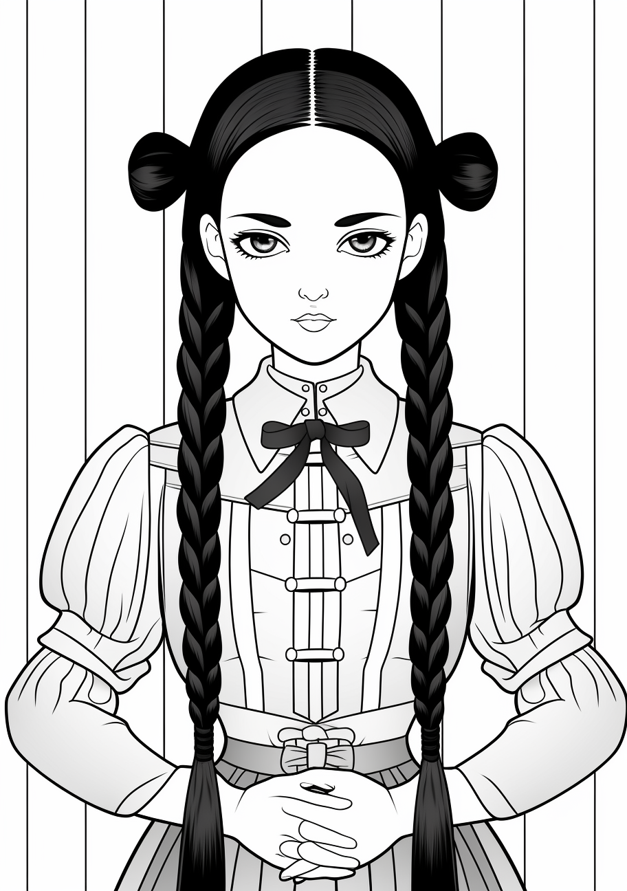 Detailed image of Wednesday Addams, showcasing her braids and subtle facial expression; intricate pattern on her dress. printable coloring page, black and white, free download