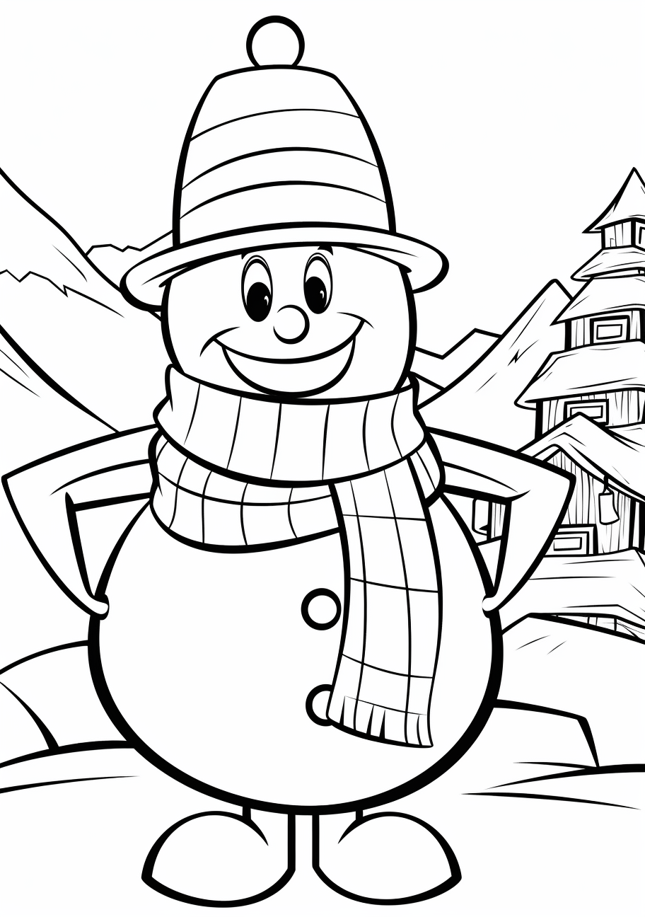 Snowman holding a candy cane; simple lines and bold outlines.printable coloring page, black and white, free download