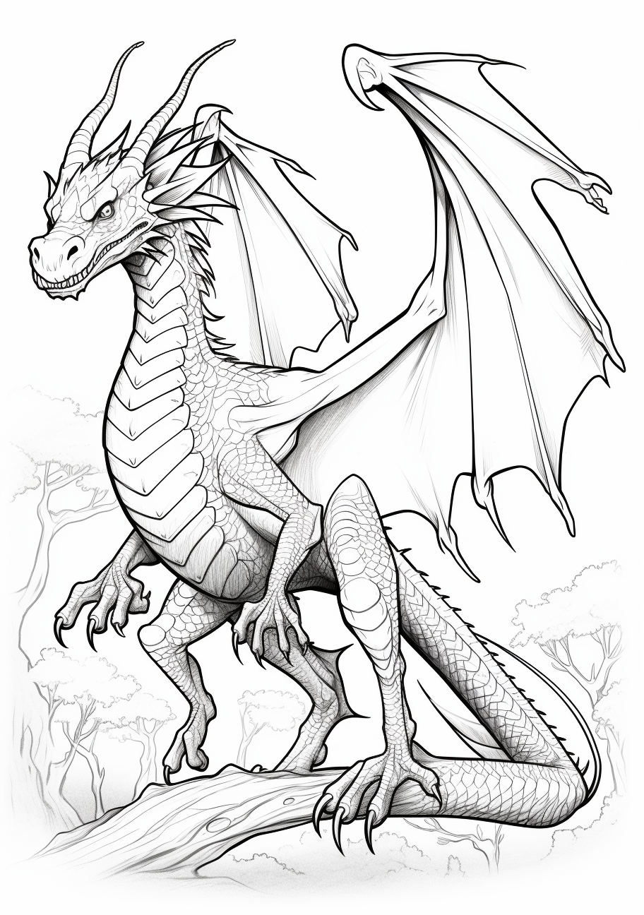 An intricately detailed dragon with wings outspread; fine lines encapsulating details.printable coloring page, black and white, free download