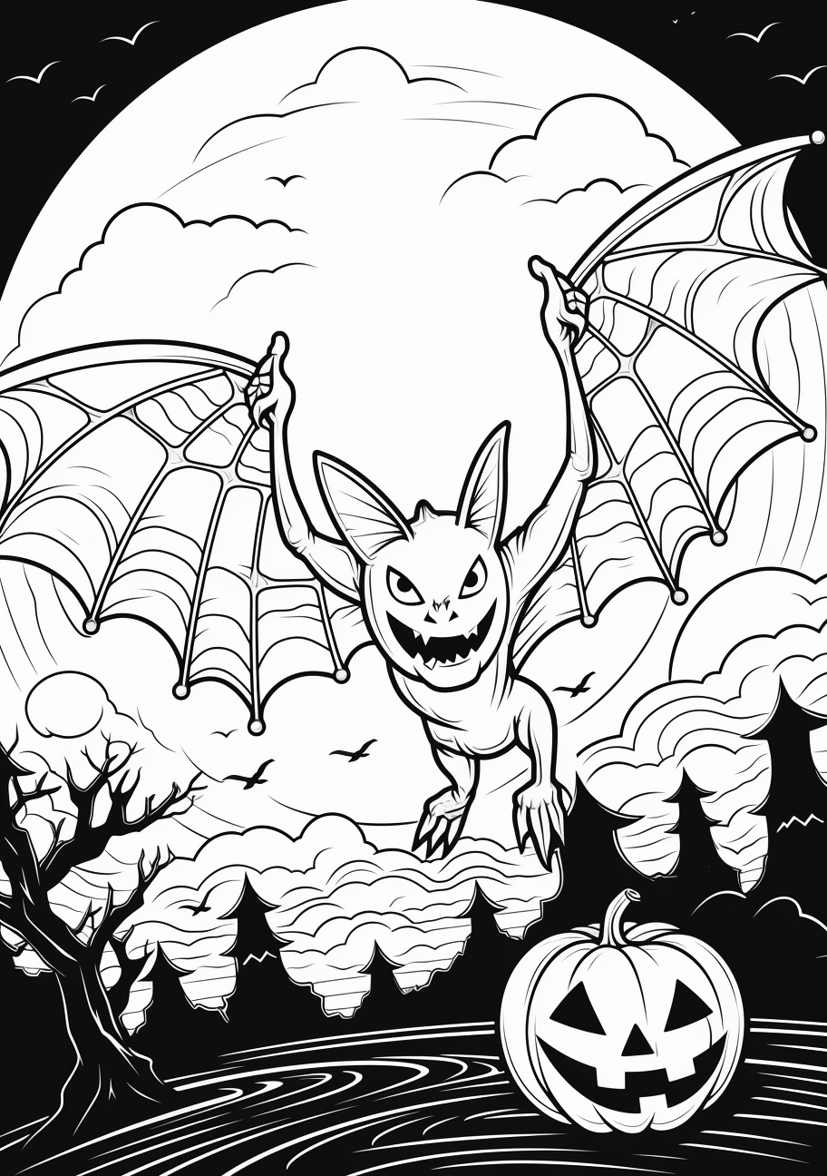 Flying bat set against a crescent moon; Halloween fun depicted through detailed drawing. phone art wallpaper