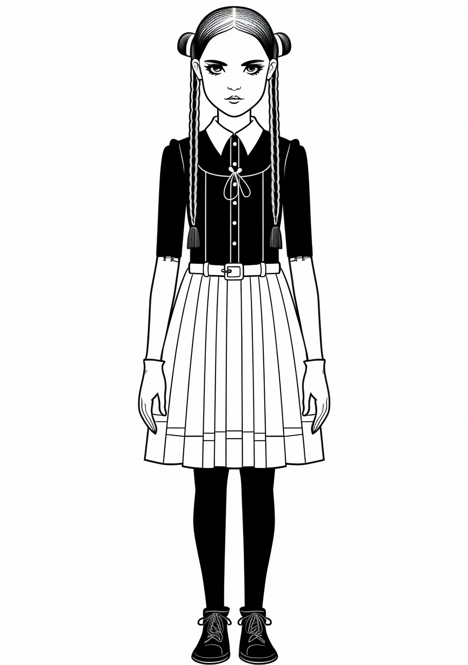 Wednesday Addams in her iconic black dress and braids; clean, simple lines. printable coloring page, black and white, free download