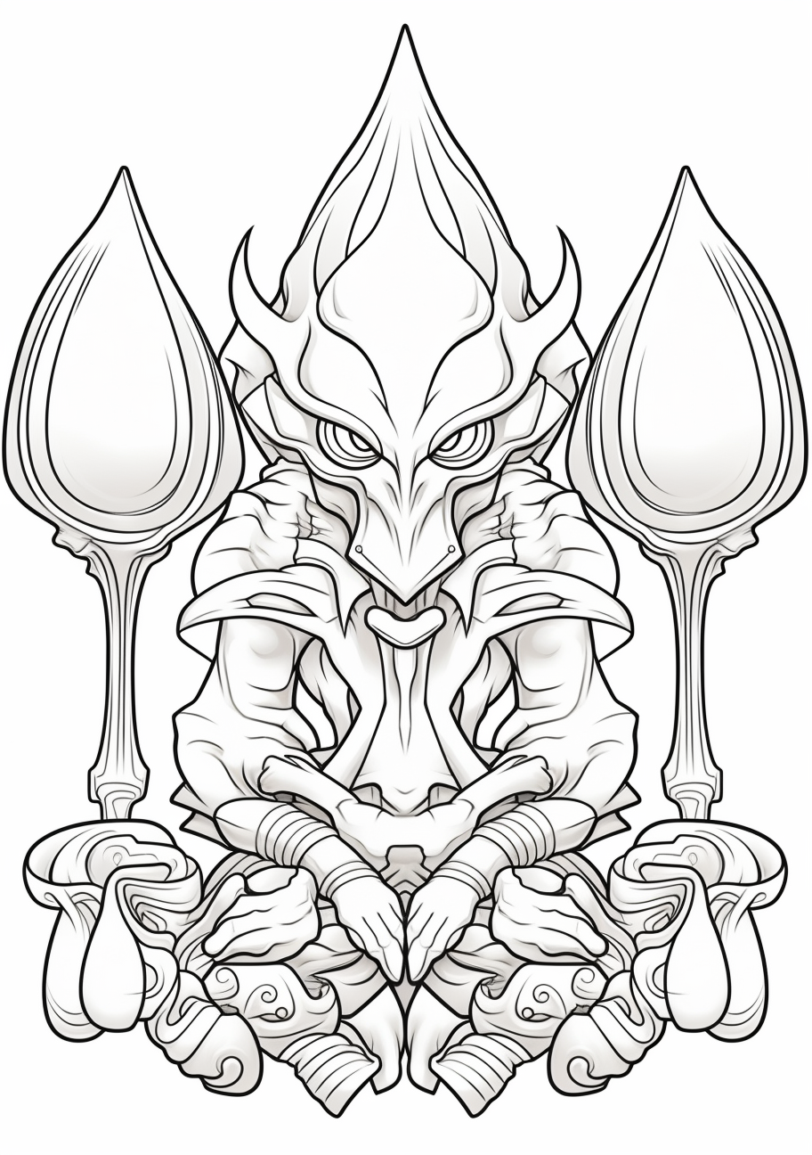 Alakazam with its two spoons, a unique attribute; intricate lines, and well-drawn Pokemon figure. printable coloring page, black and white, free download