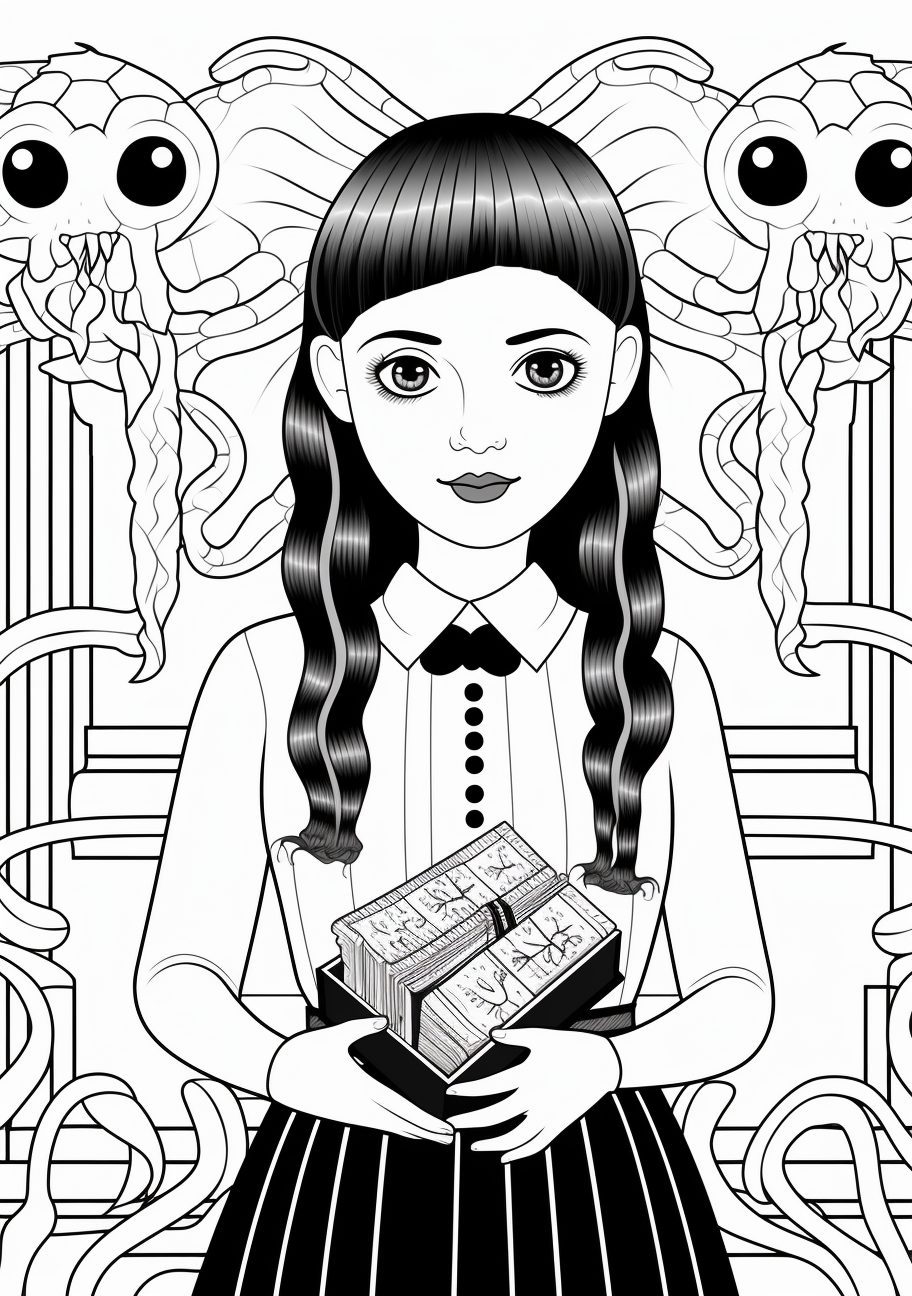 Wednesday Addams patting her large pet lizard; detail on scales of lizard; simple lines for Addams with characteristic pleated skirt and braided hair. printable coloring page, black and white, free download