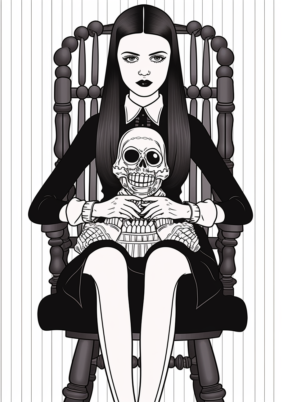 Detailed sketch of Wednesday Addams playing with her ominous-looking doll; traditional style and elements. printable coloring page, black and white, free download