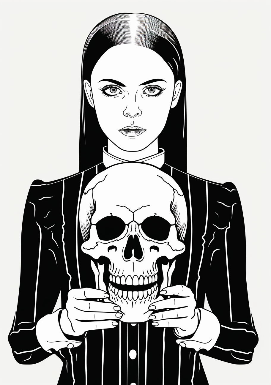 Wednesdays Addams musing over a skull; clear, straightforward lines and shapes. printable coloring page, black and white, free download