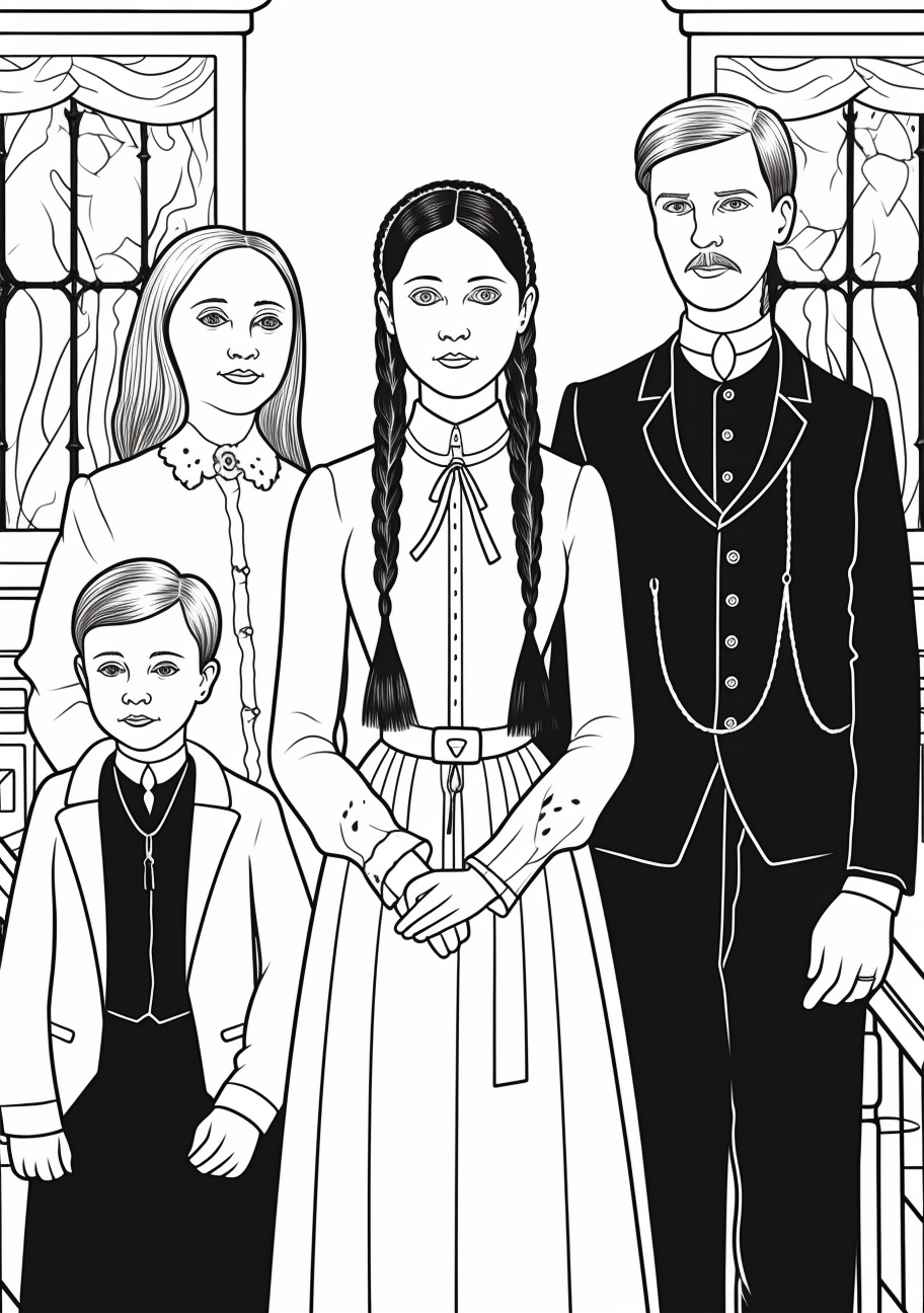 The classic Addams family with a focus on Wednesday; includes fine details on family members. printable coloring page, black and white, free download