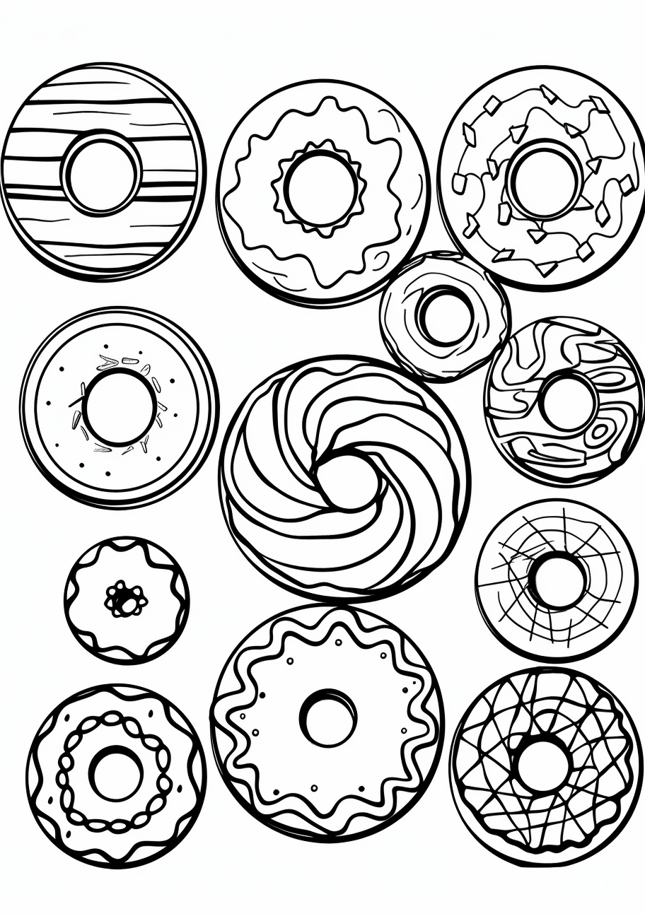 Picturesque donuts with distinct toppings; creative patterns accenting each one.printable coloring page, black and white, free download