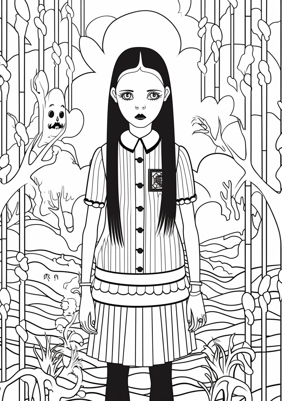 Scene of Wednesday Addams with an exceptionally detailed and stylish backdrop. printable coloring page, black and white, free download