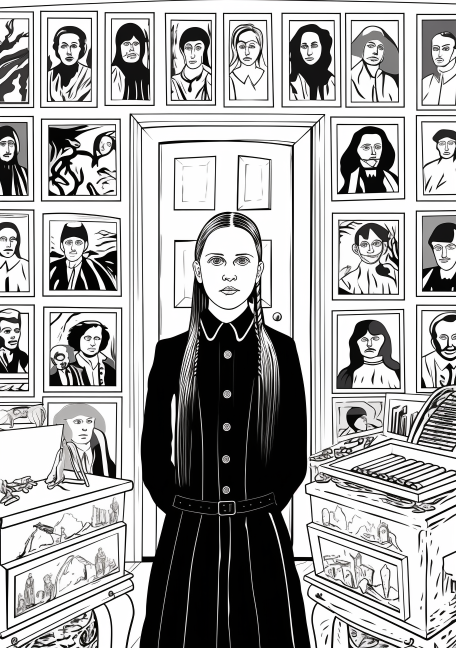 Wednesday Addams surrounded by portraits of ancestors; intricate details in the antique frames. printable coloring page, black and white, free download