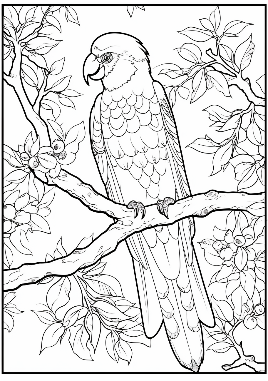 A beautiful tropical parrot perched on a branch; intricate feather details.printable coloring page, black and white, free download
