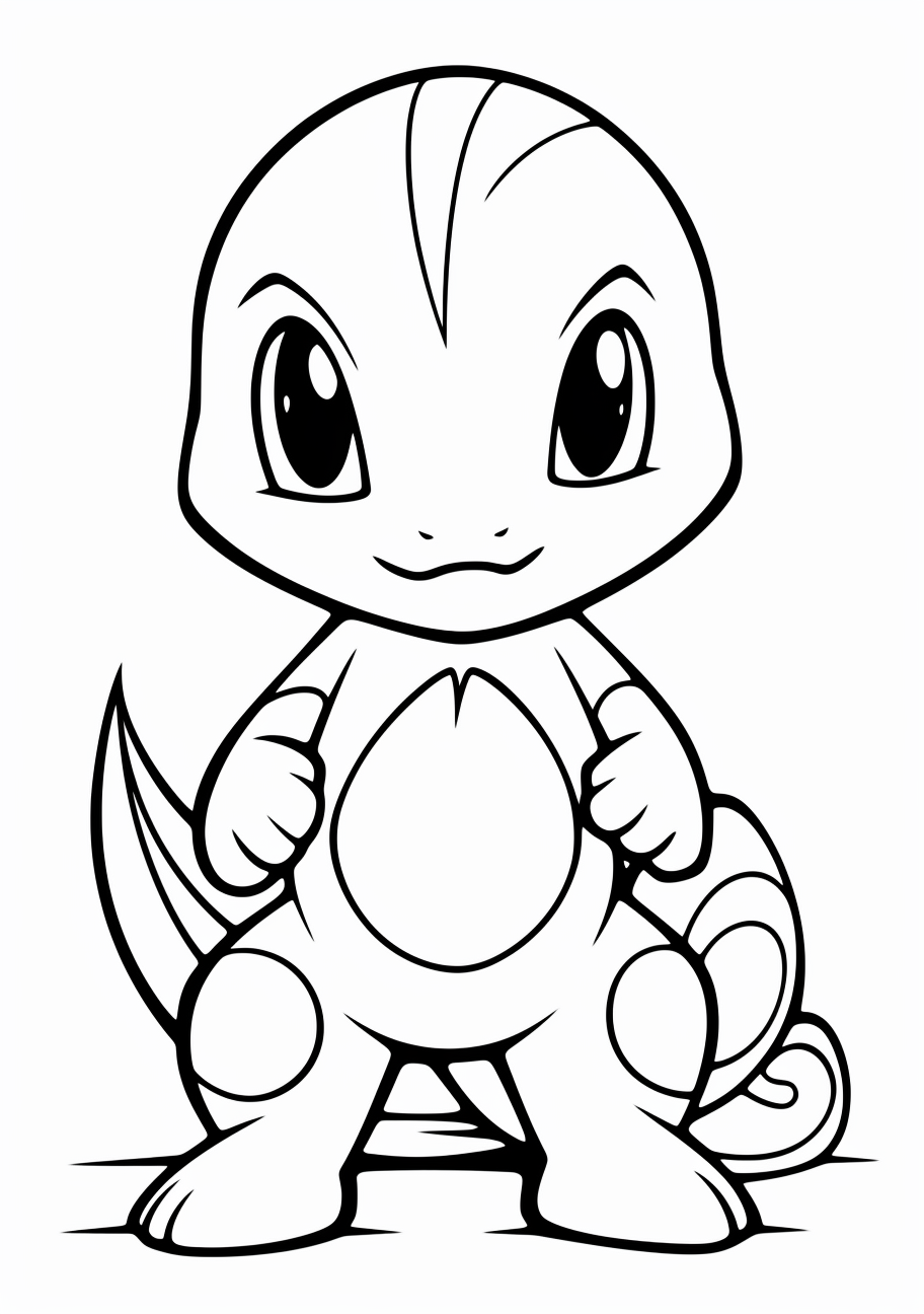 Charmander in a moment of adventure; simple lines encapsulating cartoonish features. printable coloring page, black and white, free download