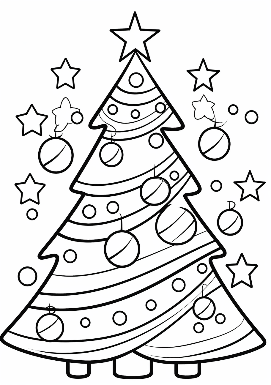 Traditional Christmas tree featuring bells; bold outlines and simple design. printable coloring page, black and white, free download