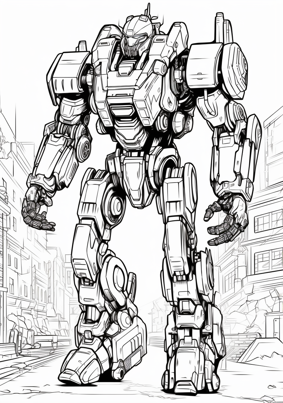 Giant robot depicted in anime style, with sleek design elements; detailed line work.
