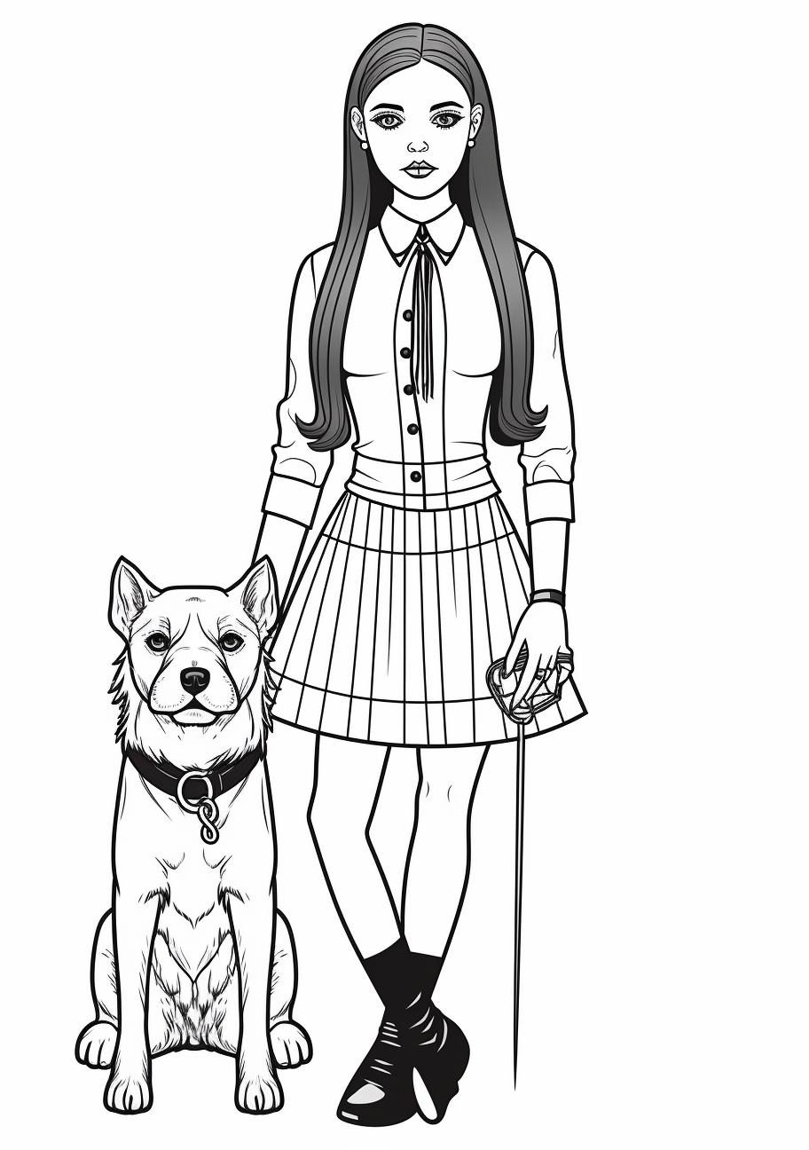 Wednesday Addams posed with her pet; well-detailed art style capturing gothic vibes. printable coloring page, black and white, free download