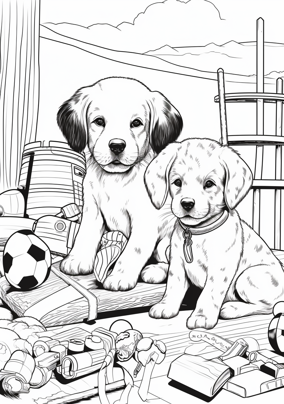 Puppies interacting with various toys; detailed rendering of texture on the toys. printable coloring page, black and white, free download