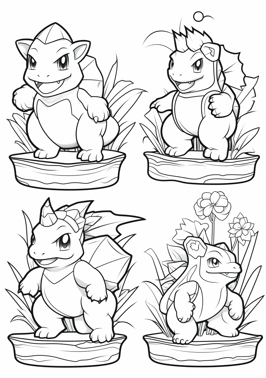 Bulbasaur and its evolved forms of Ivysaur and Venusaur; well defined and smooth outlines. printable coloring page, black and white, free download