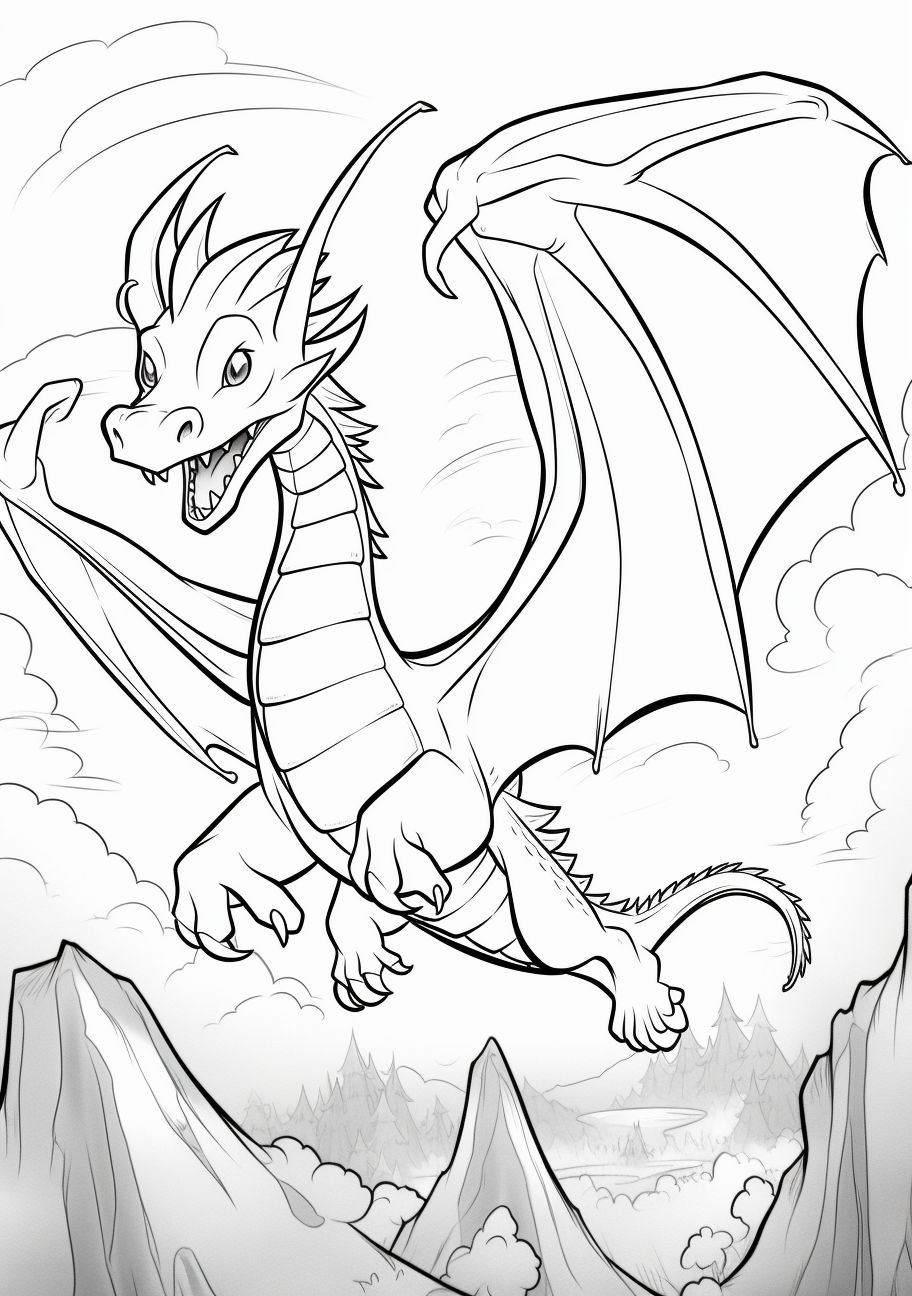Showcasing the aerial majesty of a flying dragon; notable details are the wings and the scales.printable coloring page, black and white, free download