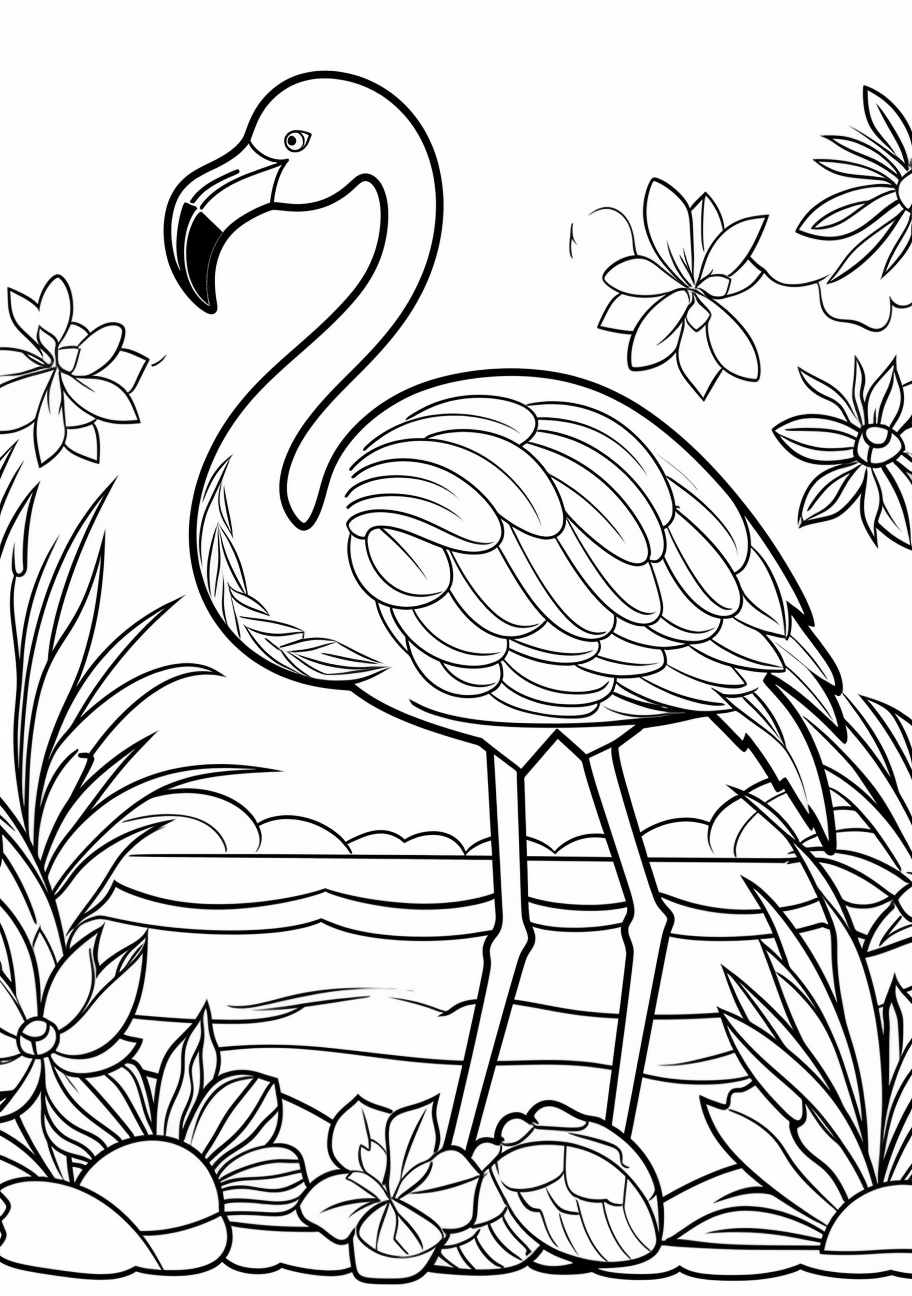 A tropical bird, specifically a flamingo surrounded by plants; simple lines with moderate details.printable coloring page, black and white, free download
