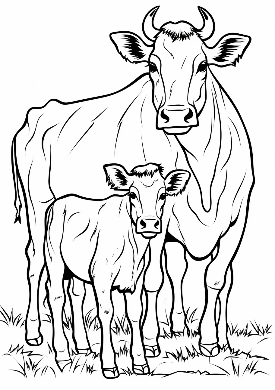Showcases a cute calf standing beside its mother, both drawn in a simplistic cartoon style.printable coloring page, black and white, free download