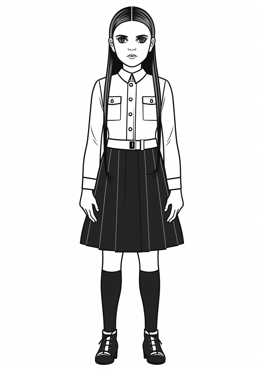 Detailed art of Wednesday Addams with a focus on her outfit and long braids; meticulous detail with clear outlines. printable coloring page, black and white, free download